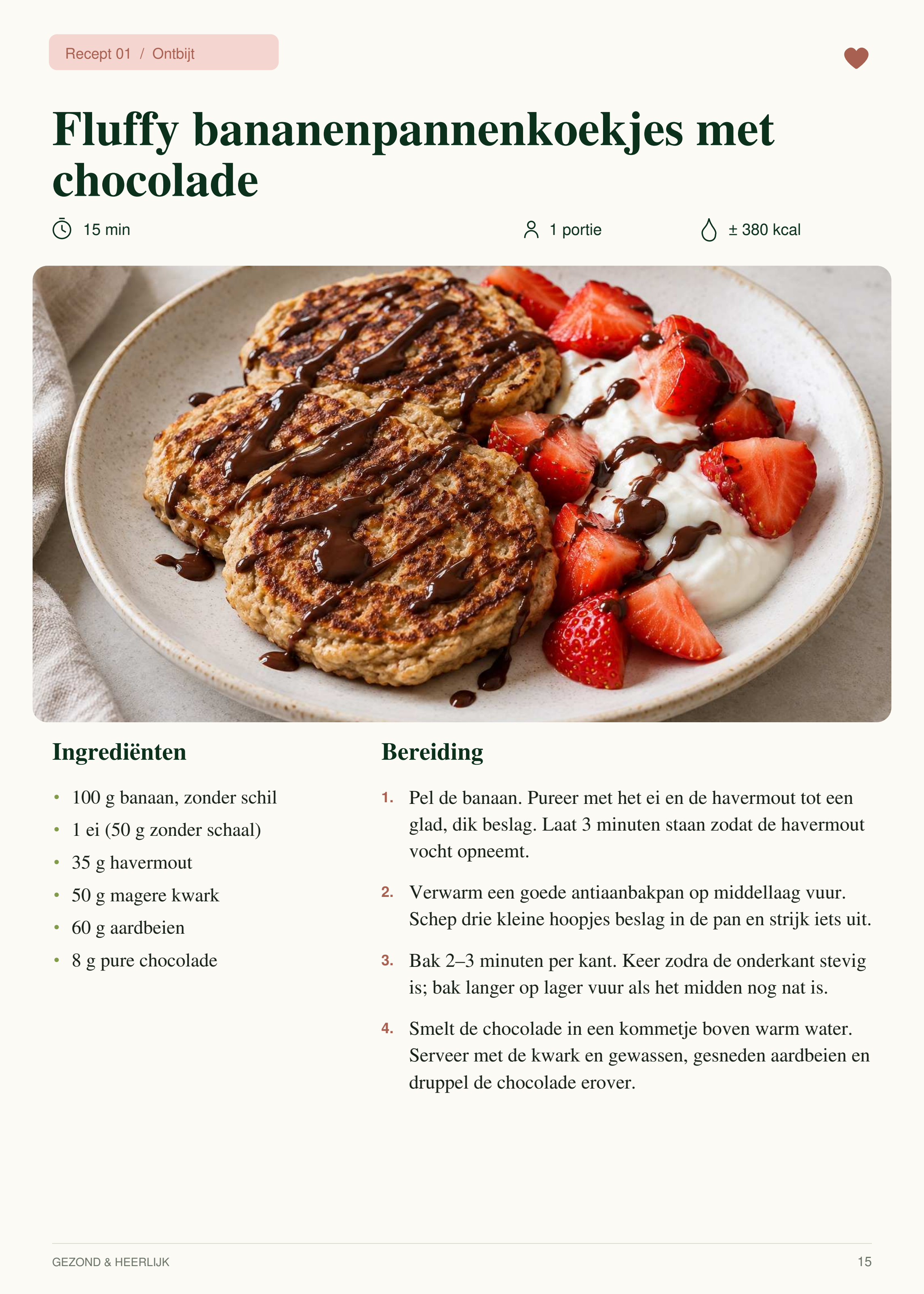 Receptpagina uit het boek: fluffy bananenpannenkoekjes met chocolade